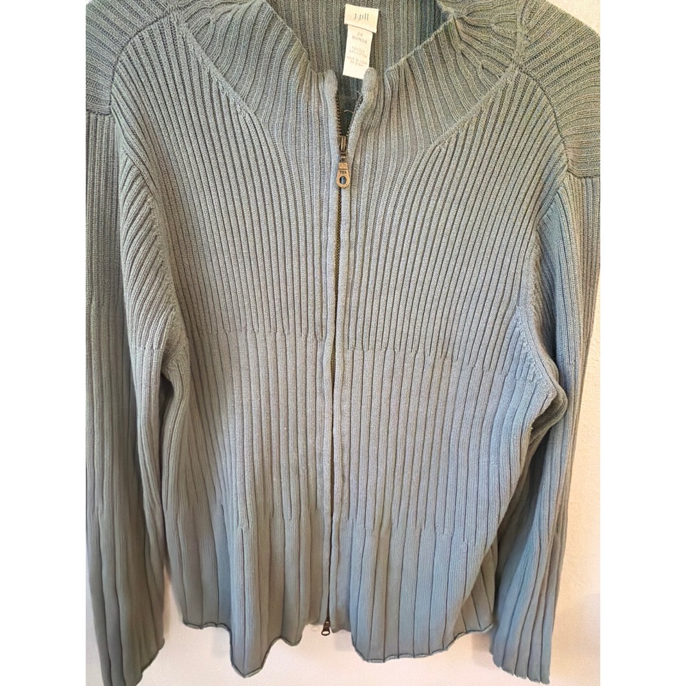 J.Jill Full Zip Cardigan Women 2X Sage Green Silk Cotton Ribbed Mock Sweater - Picture 3 of 6